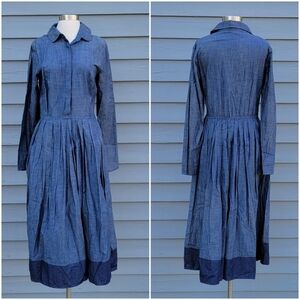 Vintage Western Boho Blue Jean Denim Button Down Pleated Full Skirt Maxi Dress L